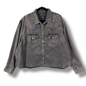 GAP Women's Gray Acid‎ Washed Denim Western Oversized Button Down Shirt Size XXL